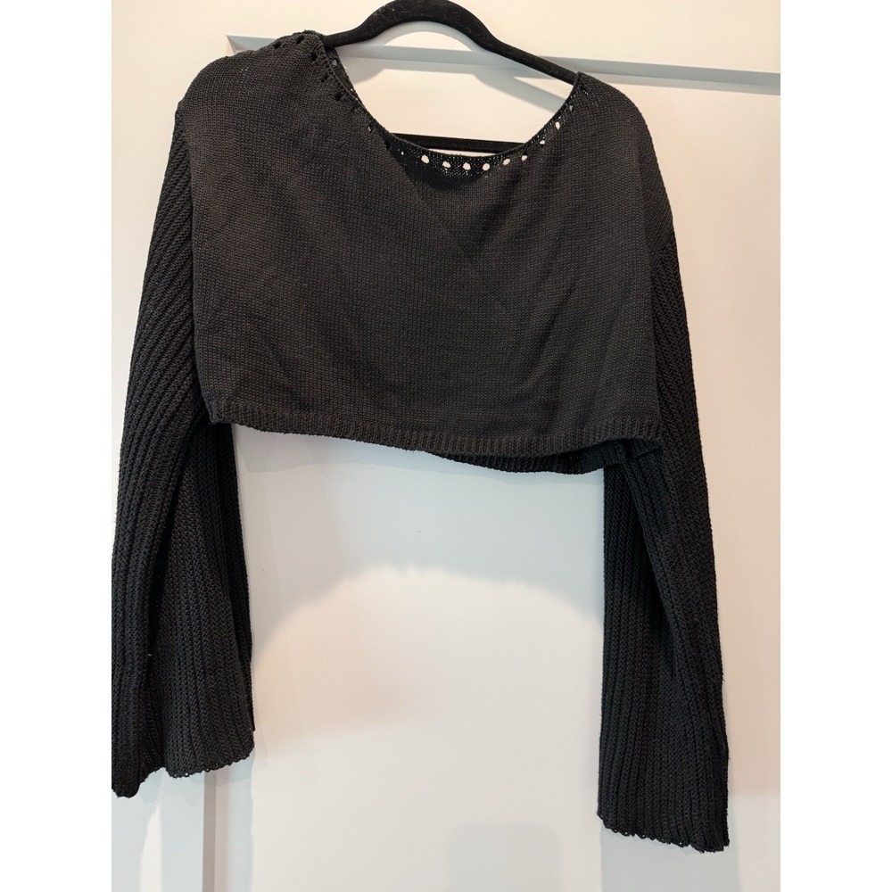 Women's Black Solid Open-Knit V-Neck Pullover Sweater Long Sleeve Size M